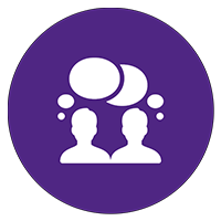 silhouettes of two people, chat bubbles over both of their heads in a purples circle