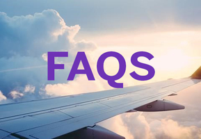 wing of plane on a background of clouds with FAQ in purple text