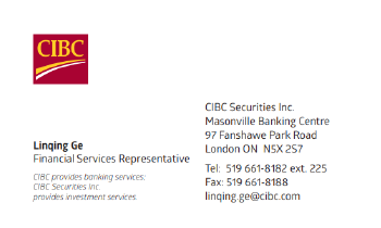 CIBC business card for Linqing Ge