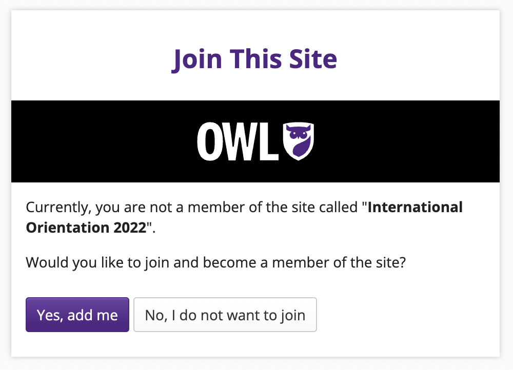 Join this site! Currently you are not a member of the site called "International Orientation 2022". Would you like to join and become a member of the site? Buttons for "Yes, add me" and "No, I don't want to join"