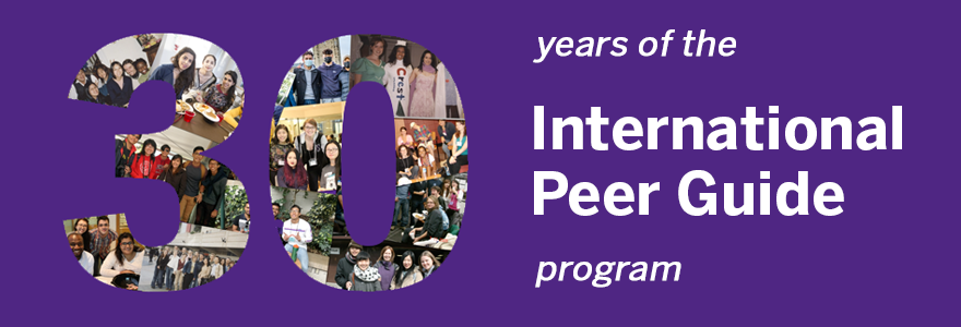 30 years of the international peer guide program with a cutout of 30 with a background full of peer guide photo memories